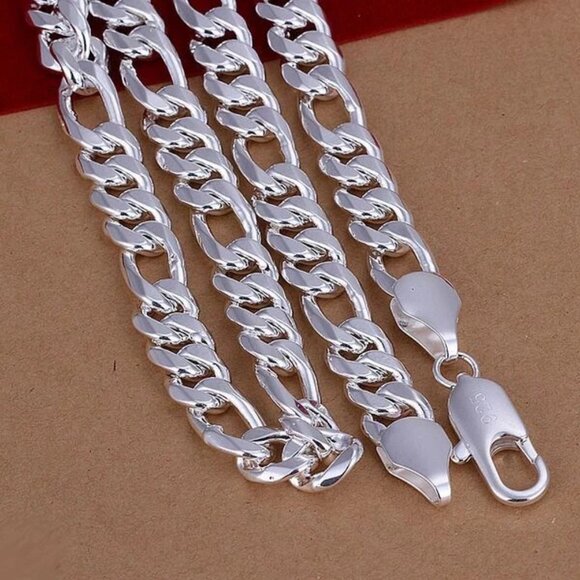 24" Men's 925 Sterling Silver 12mm Width Figaro Cuban Link Chain Necklace - Picture 3 of 4